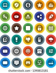 White Solid Icon Set- notebook pc vector, world, laptop graph, calculator, dollar cursor, document, antenna, video camera, finger down, favorites, mail, forward button, diagnostic monitor, network