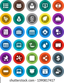White Solid Icon Set- notebook pc vector, personal information, leaf, money bag, presentation board, dollar calendar, monitor, sign, shorts, molecule, package, flammable, big scales, backward button