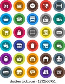 White Solid Icon Set- office vector, cargo, warehouse, weight, shelving, new, open, closed, shopping bag, market, store, mall, buy, basket, cart, scales