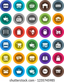 White Solid Icon Set- office vector, cargo, warehouse, weight, shelving, new, open, closed, shopping bag, market, store, mall, buy, basket, cart, scales