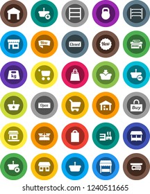 White Solid Icon Set- office vector, warehouse, weight, shelving, new, open, closed, shopping bag, market, store, mall, buy, basket, cart, scales