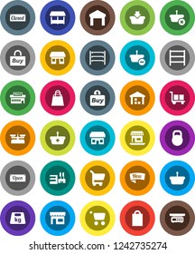 White Solid Icon Set- office vector, cargo, warehouse, weight, shelving, new, open, closed, shopping bag, market, store, mall, buy, basket, cart, scales