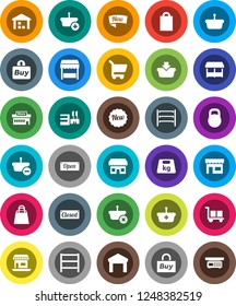 White Solid Icon Set- office vector, cargo, warehouse, weight, shelving, new, open, closed, shopping bag, market, store, mall, buy, basket, cart, scales