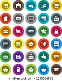 White Solid Icon Set- office vector, cargo, warehouse, weight, shelving, new, open, closed, shopping bag, market, store, mall, buy, basket, cart, scales