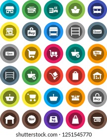 White Solid Icon Set- office vector, cargo, warehouse, weight, shelving, new, open, closed, shopping bag, market, store, mall, buy, basket, cart, scales