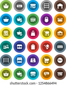 White Solid Icon Set- office vector, cargo, warehouse, weight, shelving, new, open, closed, shopping bag, market, store, mall, basket, cart, scales