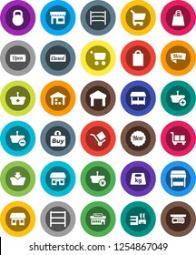 White Solid Icon Set- office vector, cargo, warehouse, weight, shelving, new, open, closed, shopping bag, market, store, mall, buy, basket, cart, scales