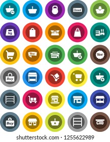 White Solid Icon Set- office vector, cargo, weight, shelving, new, closed, shopping bag, market, store, mall, buy, basket, cart, scales