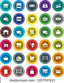 White Solid Icon Set- office vector, cargo, warehouse, weight, shelving, new, open, closed, shopping bag, market, store, mall, buy, basket, cart, scales