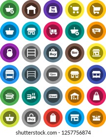 White Solid Icon Set- office vector, cargo, warehouse, weight, shelving, new, open, closed, shopping bag, market, store, mall, buy, basket, cart, scales