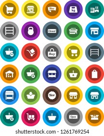 White Solid Icon Set- office vector, cargo, warehouse, weight, shelving, new, open, closed, shopping bag, market, store, mall, buy, basket, cart, scales