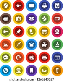White Solid Icon Set- office vector, money, client, ship, dry cargo, tulip, camera, classic phone, thumbtack, battery, mail, pregnancy, dropper, pills, eye doctor hat, browser, shield, message, redo