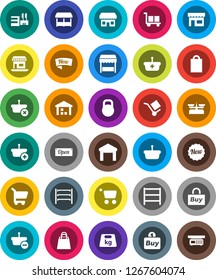 White Solid Icon Set- office vector, cargo, warehouse, weight, shelving, new, open, shopping bag, market, store, mall, buy, basket, cart, scales