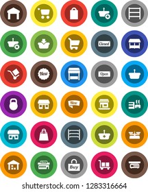 White Solid Icon Set- office vector, cargo, warehouse, weight, shelving, new, open, closed, shopping bag, market, store, mall, buy, basket, cart, scales