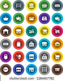 White Solid Icon Set- office vector, cargo, warehouse, weight, shelving, new, open, closed, shopping bag, market, store, mall, buy, basket, cart, scales