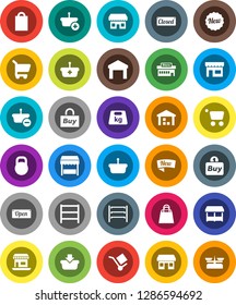 White Solid Icon Set- office vector, cargo, warehouse, weight, shelving, new, open, closed, shopping bag, market, store, mall, buy, basket, cart, scales