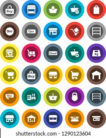 White Solid Icon Set- office vector, cargo, warehouse, weight, shelving, new, open, closed, shopping bag, market, store, mall, buy, basket, cart, scales