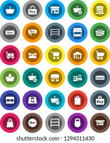 White Solid Icon Set- office vector, cargo, warehouse, weight, shelving, new, open, closed, shopping bag, market, store, mall, buy, basket, cart, scales