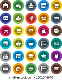 White Solid Icon Set- office vector, cargo, warehouse, weight, shelving, new, open, closed, shopping bag, market, store, mall, buy, basket, cart, scales