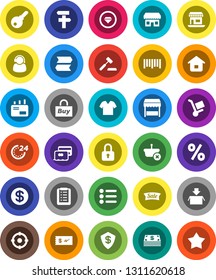 White Solid Icon Set- office vector, barcode, credit card, dollar coin, cash, sale, 24 hour, percent, market, store, support, target, buy, basket, home, shopping list, auction, trolley, mail, lock