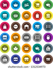 White Solid Icon Set- office vector, cargo, warehouse, weight, shelving, new, open, shopping bag, market, store, mall, buy, basket, cart, scales