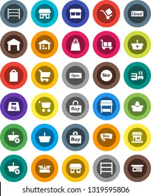 White Solid Icon Set- office vector, cargo, warehouse, weight, shelving, new, open, closed, shopping bag, market, store, mall, buy, basket, cart, scales