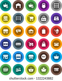 White Solid Icon Set- office vector, cargo, warehouse, weight, shelving, new, closed, shopping bag, market, store, mall, buy, basket, cart, scales