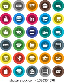 White Solid Icon Set- office vector, cargo, warehouse, shelving, new, open, closed, shopping bag, market, store, mall, buy, basket, cart, scales