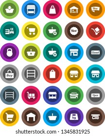 White Solid Icon Set- office vector, cargo, warehouse, weight, shelving, new, open, closed, shopping bag, market, store, mall, buy, basket, cart, scales