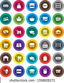 White Solid Icon Set- office vector, cargo, warehouse, weight, shelving, new, open, closed, shopping bag, market, store, mall, buy, basket, cart, scales