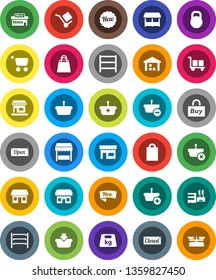 White Solid Icon Set- office vector, cargo, warehouse, weight, shelving, new, open, closed, shopping bag, market, store, mall, buy, basket, cart, scales