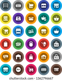 White Solid Icon Set- office vector, cargo, warehouse, weight, shelving, new, open, closed, shopping bag, market, store, mall, buy, basket, cart, scales