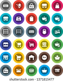 White Solid Icon Set- office vector, cargo, warehouse, weight, shelving, new, open, closed, shopping bag, market, store, mall, buy, basket, cart, scales