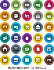 White Solid Icon Set- office vector, cargo, warehouse, weight, shelving, new, open, shopping bag, market, store, mall, buy, basket, cart, scales