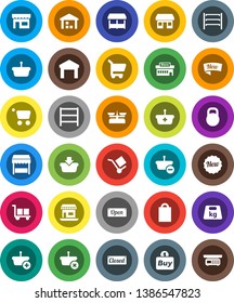 White Solid Icon Set- office vector, cargo, warehouse, weight, shelving, new, open, closed, shopping bag, market, store, mall, buy, basket, cart, scales