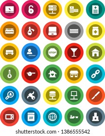 White Solid Icon Set- office vector, satellite, sea container, port, glass, internet, notebook pc, thermometer, scalpel, pills bottle, eye doctor hat, anamnesis, hospital building, potion, network