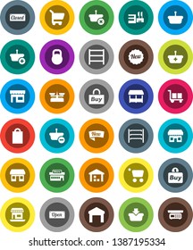 White Solid Icon Set- office vector, cargo, warehouse, weight, shelving, new, open, closed, shopping bag, market, store, mall, buy, basket, cart, scales