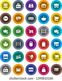 White Solid Icon Set- office vector, cargo, warehouse, weight, shelving, new, closed, shopping bag, market, store, mall, buy, basket, cart, scales