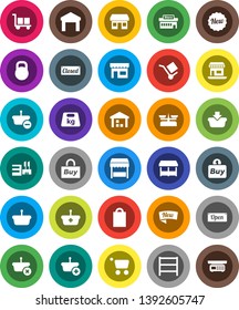 White Solid Icon Set- office vector, cargo, warehouse, weight, shelving, new, open, closed, shopping bag, market, store, mall, buy, basket, cart, scales
