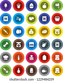 White Solid Icon Set- oil vector, scales, cook hat, apron, timer, press, skimmer, mixer, toaster, oven, double boiler, cookbook, jar, cereal, egg, potato, steak, chicken leg, apple fruit, pills vial