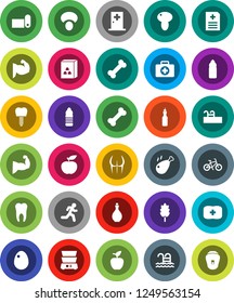 White Solid Icon Set- oil vector, double boiler, cereal, egg, mushroom, chicken leg, apple fruit, diet, bike, muscule hand, buttocks, water bottle, fitness mat, pool, first aid kit, bone, run, tooth