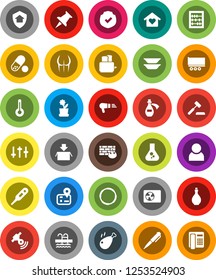 White Solid Icon Set- oil vector, toaster, plates, chicken leg, pen, abacus, flask, buttocks, pills, pool, hoop, navigator, truck trailer, protected, satellitie, settings, thumbtack, thermometer
