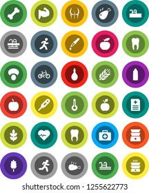 White Solid Icon Set- oil vector, double boiler, cereal, mushroom, chicken leg, apple fruit, diet, heart pulse, bike, muscule hand, buttocks, water bottle, cereals, pool, first aid kit, bone, run