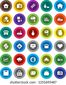 White Solid Icon Set- oil vector, plates, jug, school bus, graph, scales, pills, earth, port, dry cargo, flammable, camera, heart, dna, eye doctor hat, diagnostic monitor, cloud exchange, router