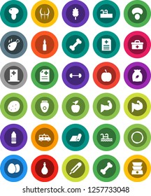 White Solid Icon Set- oil vector, cereal, egg, mushroom, potato, chicken leg, apple fruit, diet, barbell, muscule hand, buttocks, water bottle, fitness mat, bone, hoop, doctor bag, thermometer, pool