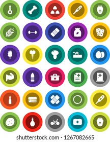 White Solid Icon Set- oil vector, cereal, egg, mushroom, potato, barbell, bike, muscule hand, water bottle, cereals, breads, first aid kit, bone, hoop, doctor bag, thermometer, patch, anamnesis