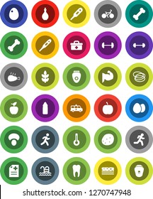 White Solid Icon Set- oil vector, egg, mushroom, potato, chicken leg, apple fruit, diet, barbell, bike, muscule hand, water bottle, cereals, breads, pool, bone, hoop, run, doctor bag, thermometer