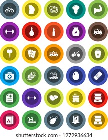 White Solid Icon Set- oil vector, double boiler, cereal, egg, mushroom, potato, chicken leg, barbell, bike, muscule hand, buttocks, cereals, breads, pool, first aid kit, hoop, patch, anamnesis