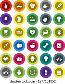 White Solid Icon Set- oil vector, cereal, egg, mushroom, potato, chicken leg, apple fruit, diet, heart pulse, bike, muscule hand, buttocks, water bottle, cereals, breads, bone, hoop, doctor bag