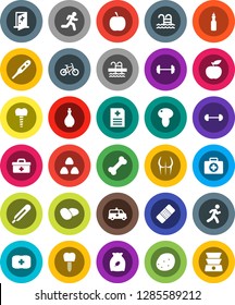 White Solid Icon Set- oil vector, cereal, mushroom, potato, diet, barbell, bike, buttocks, pool, first aid kit, bone, run, doctor bag, thermometer, patch, anamnesis, amkbulance car, tooth implant
